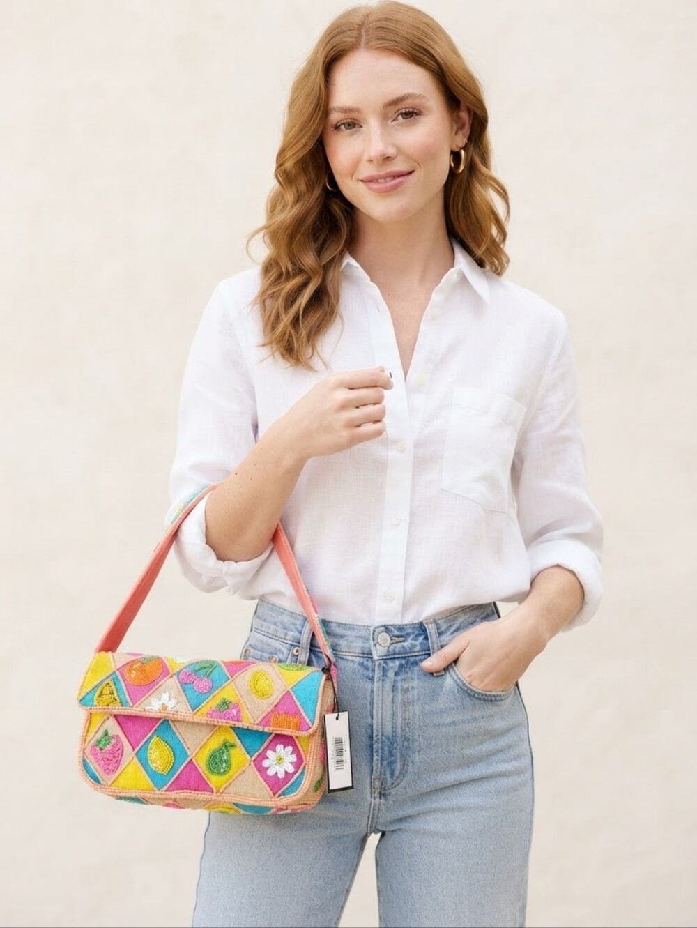 Multicolor Geometric Shoulder Bag with Coral Strap
